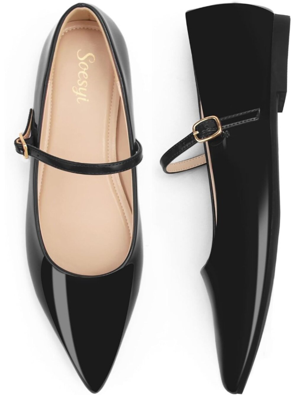 🆕Women's Black Pointed Toe Mary Jane Flats Patent Leather Buckle Shoes